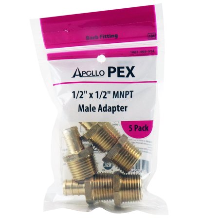 Apollo Pex 1/2 in. Brass PEX Barb x 1/2 in. Male Pipe Thread Adapter (5-Pack), 5PK APXMA125PK